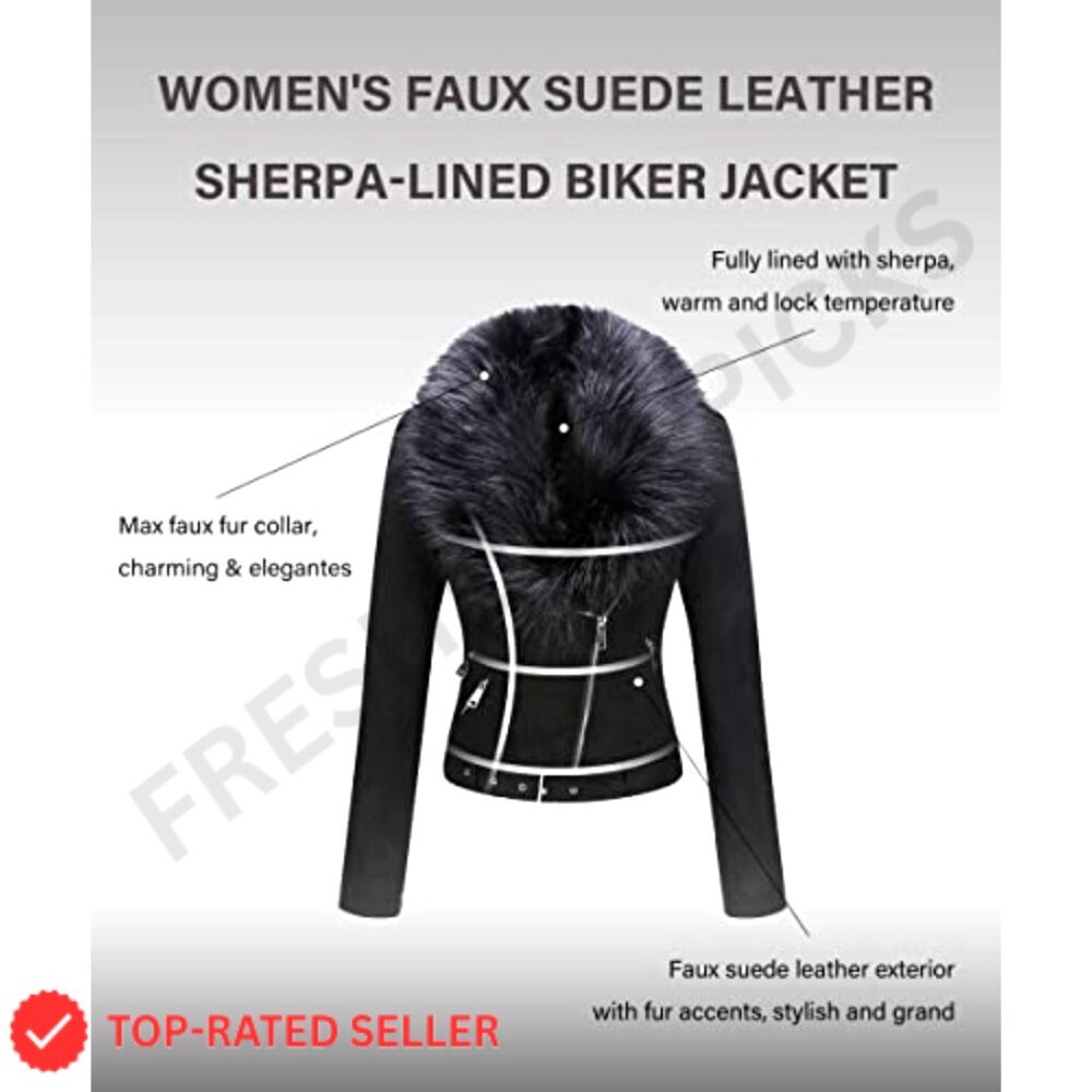 Faux Leather Moto Jacket Sherpa Lined Removable Belt Women's Coat - Picture 3 of 7